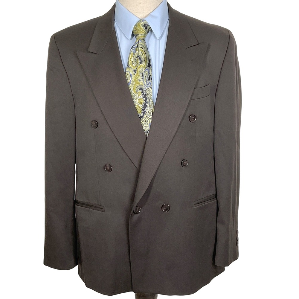 Kasper Blazer Men 41R Brown Double Breasted Classic‎ Fit Suit Jacket Pure Wool